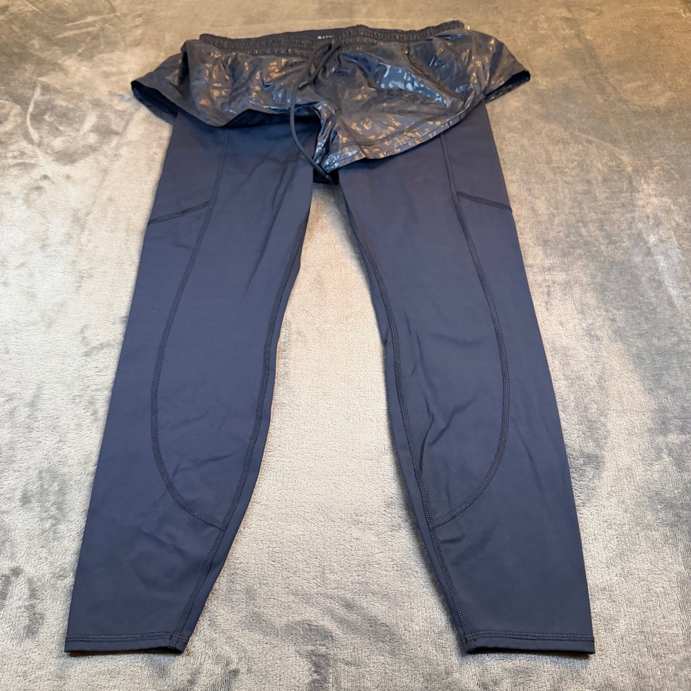 Athleta Rainier 2 in 1 Tight Navy Blue Leopard Running Leggings Womens MP Petite